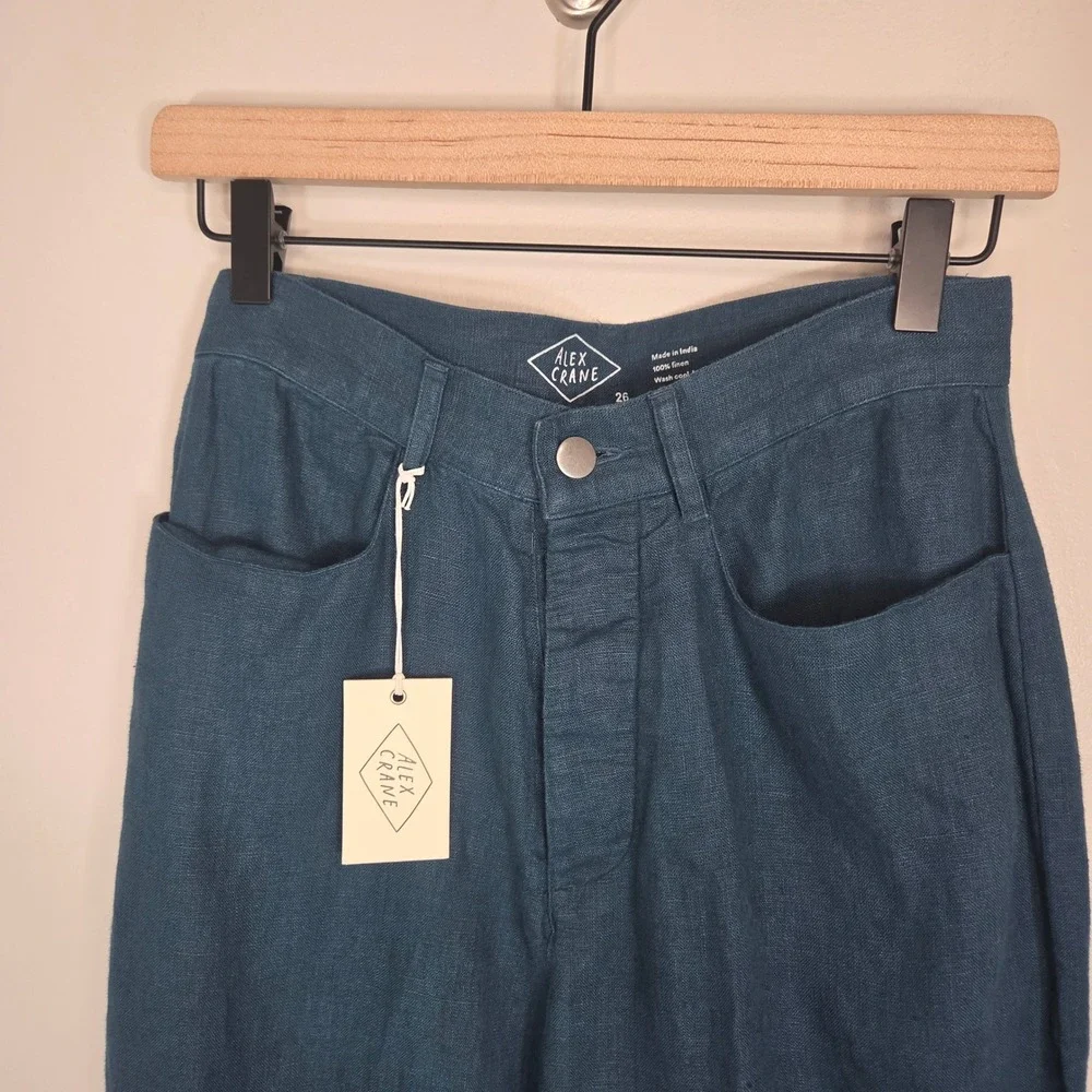 Alex Crane Cham Linen Pants 26 NWT Dusk Blue French Linen Button Fly $178